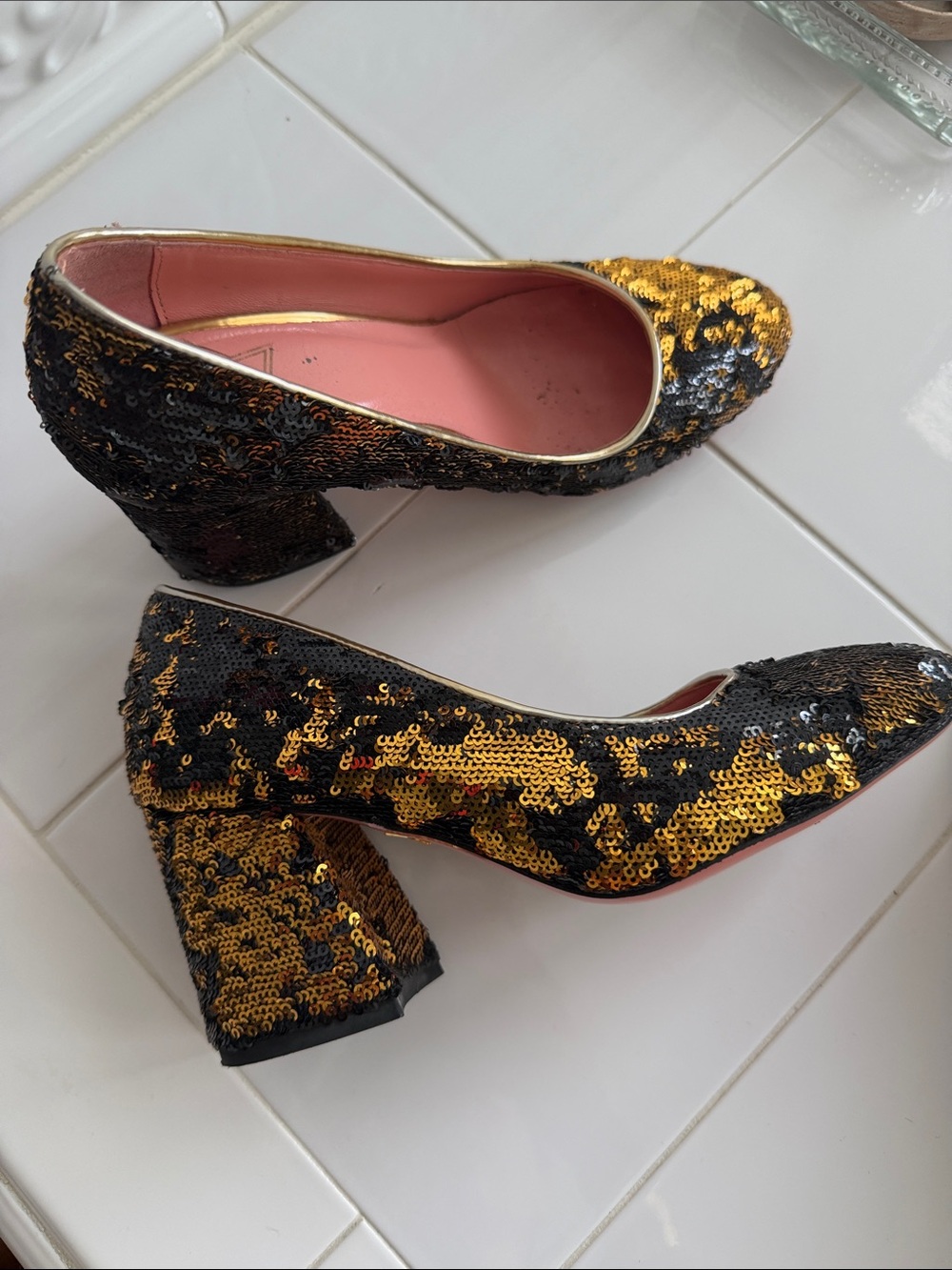 JF London Sequin Block Heel Pumps in Black & Gold